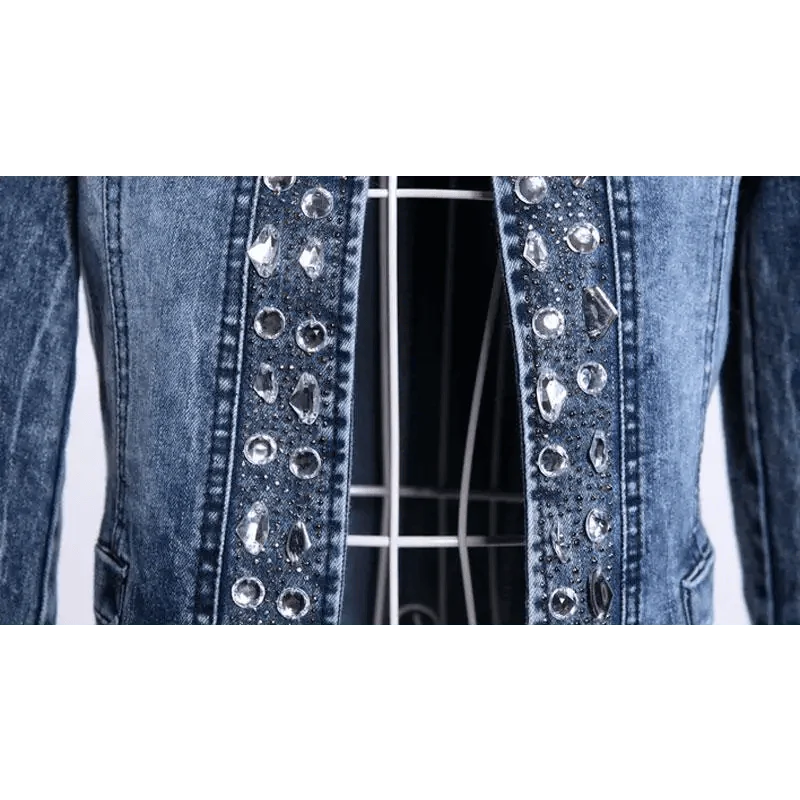 Women’s Vintage Denim Biker Jacket with Sequin Accents