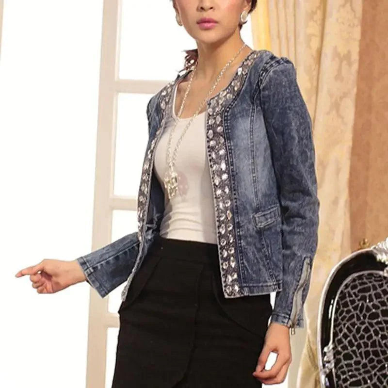 Women’s Vintage Denim Biker Jacket with Sequin Accents