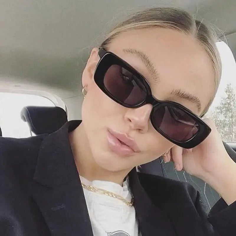 Luxury retro black rectangle sunglasses for women with premium PC plastic frame