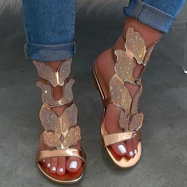 Women's Rhinestone Butterfly Flat Sandals Soft Casual Beach Shoes