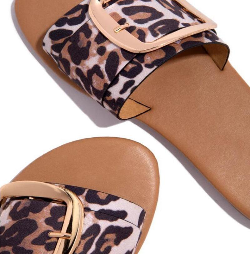 Women’s Leopard Print Buckle Footbed Sandals Summer Slides