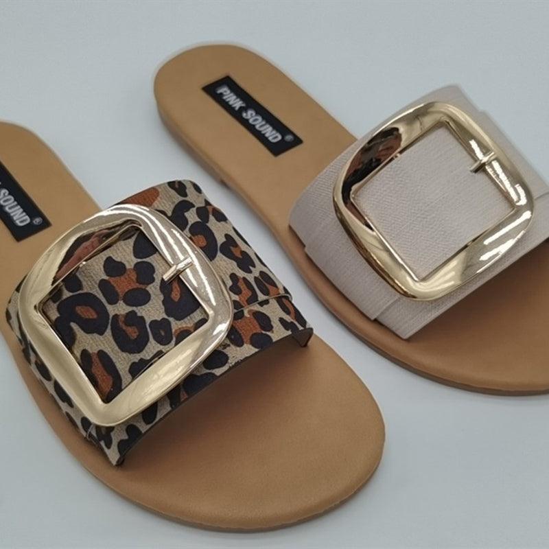 Women’s Leopard Print Buckle Footbed Sandals Summer Slides