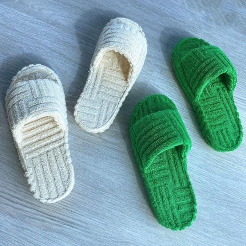 Luxury Thick Sole Green Fur Slippers Memory Foam Outdoor Slides