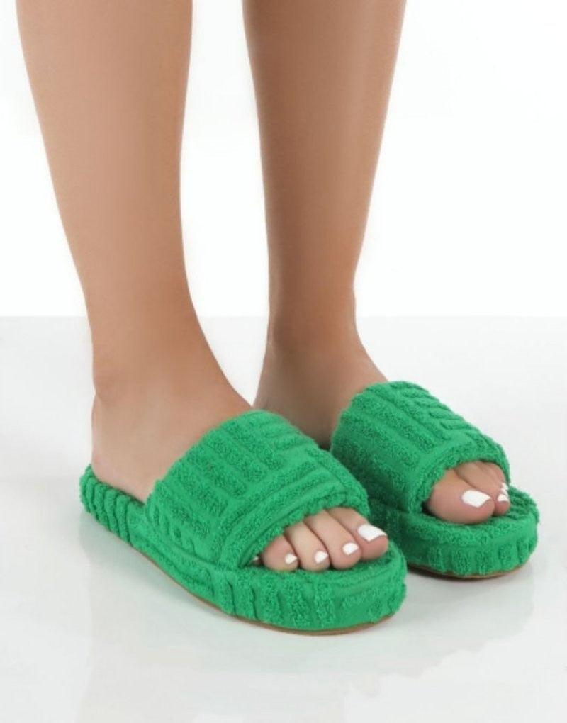 Luxury Thick Sole Green Fur Slippers Memory Foam Outdoor Slides