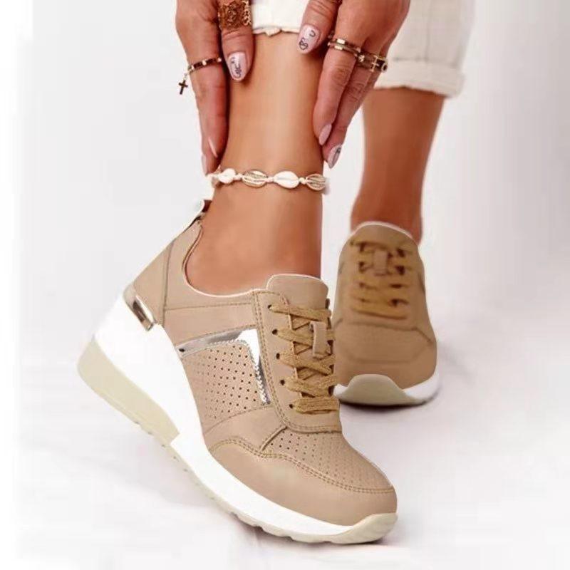 Modern women's white high-top platform sneakers with knitted microfiber upper and air cushion sole