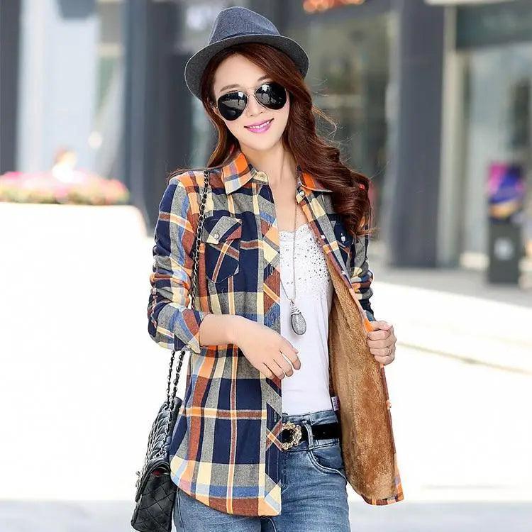 Women's Velvet Lined Plaid Shirt Jacket Shacket Coat Outerwear