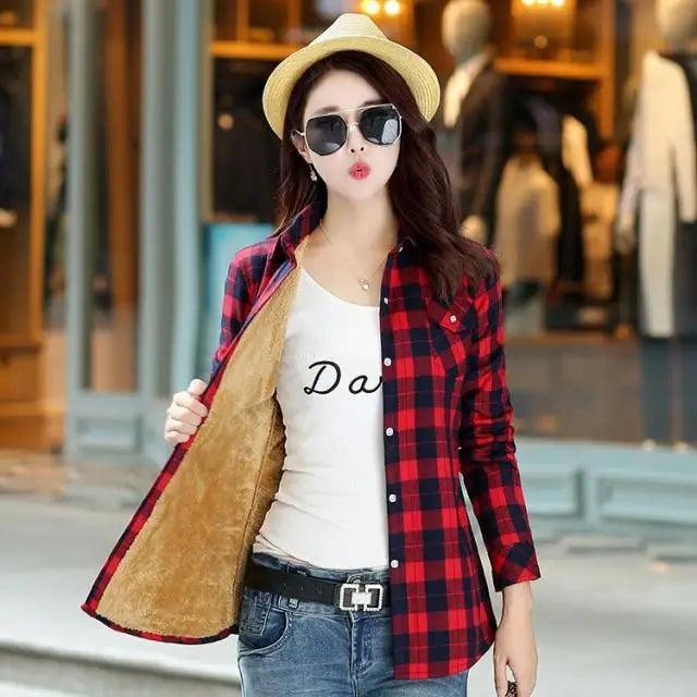 Women's Velvet Lined Plaid Shirt Jacket Shacket Coat Outerwear