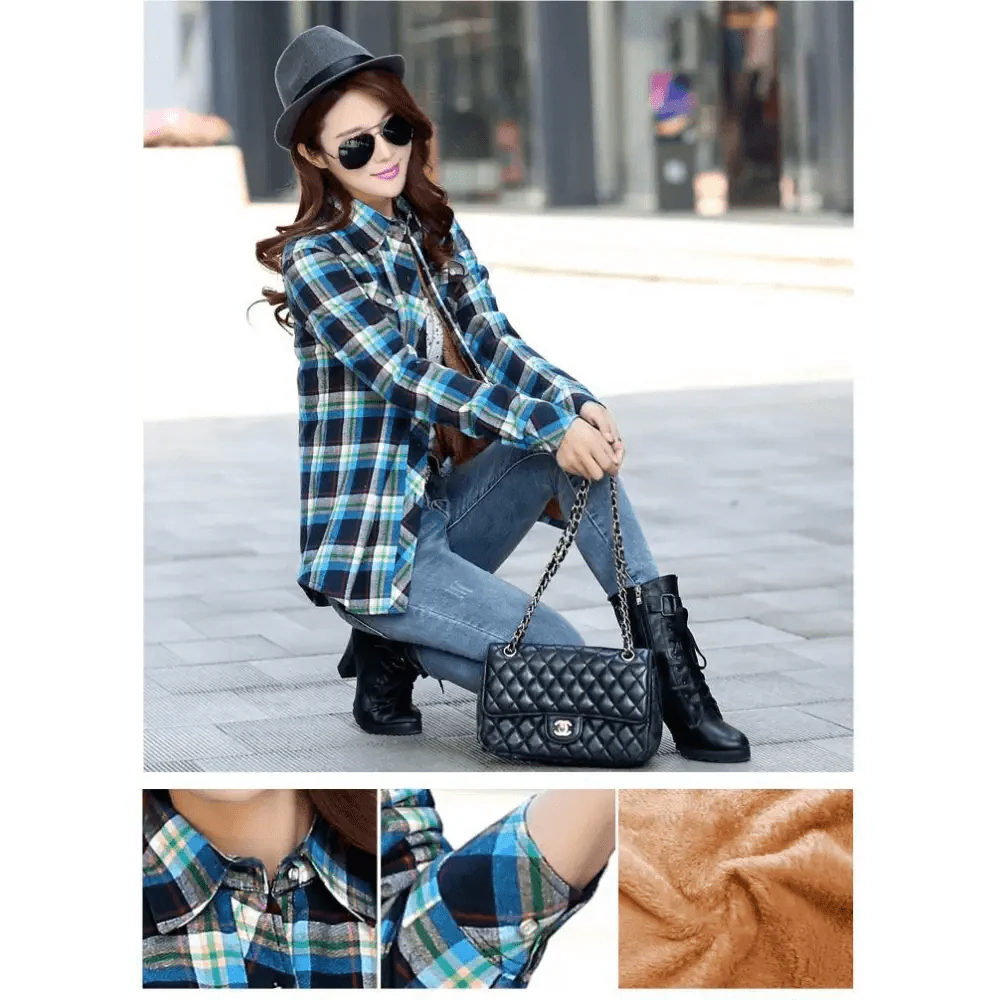 Women's Velvet Lined Plaid Shirt Jacket Shacket Coat Outerwear