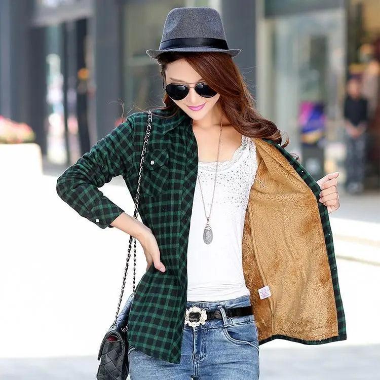 Women's Velvet Lined Plaid Shirt Jacket Shacket Coat Outerwear