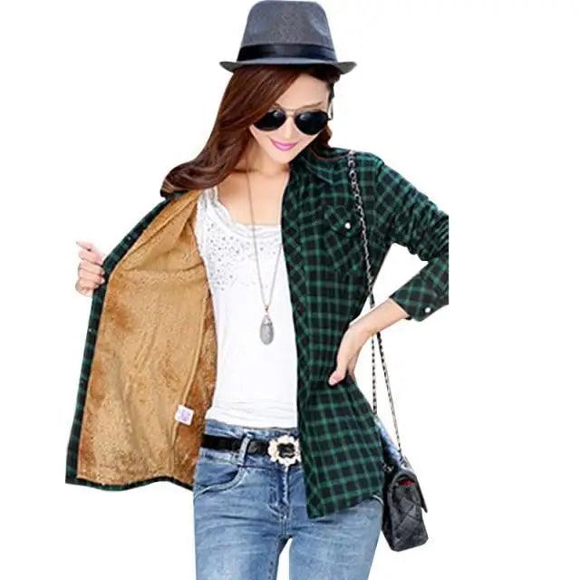 Women's Velvet Lined Plaid Shirt Jacket Shacket Coat Outerwear