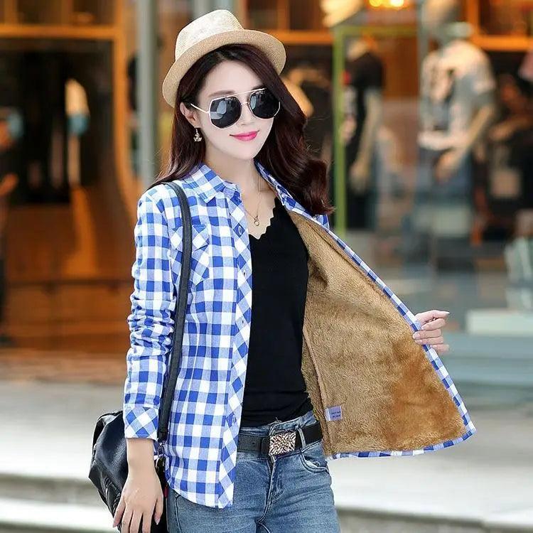 Women's Velvet Lined Plaid Shirt Jacket Shacket Coat Outerwear