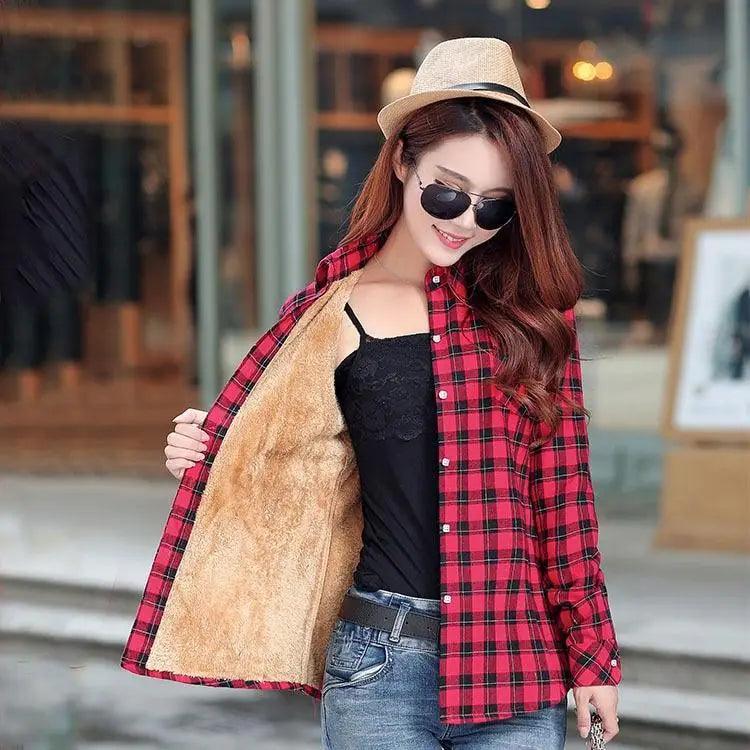 Women's Velvet Lined Plaid Shirt Jacket Shacket Coat Outerwear