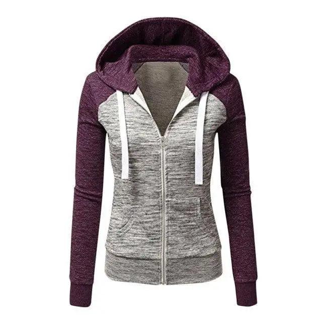 Women's Patchwork Color Block Zip-Up Hoodie Slim Fit Jacket