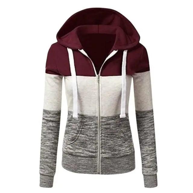 Women's Patchwork Color Block Zip-Up Hoodie Slim Fit Jacket