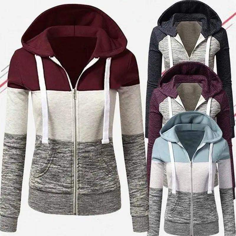 Stevvex women's slim fit patchwork color block zip-up hoodie with kangaroo pockets