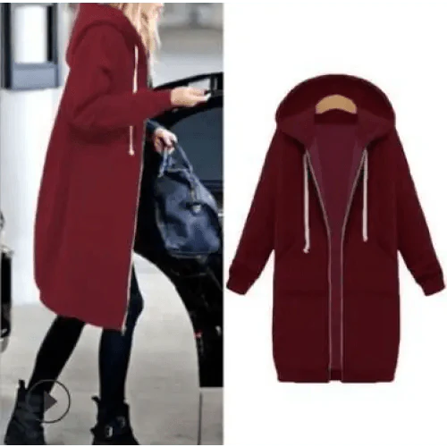 Women's Long Hooded Jacket Fleece Windbreaker Casual Winter Coat