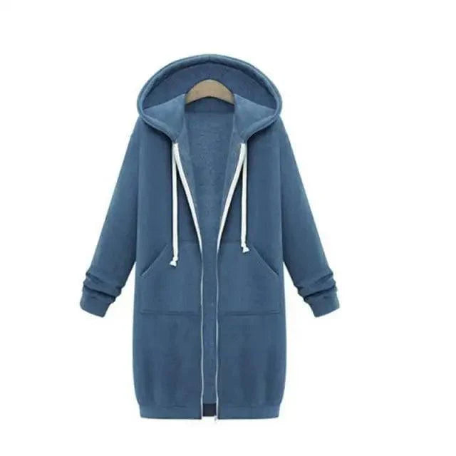 Women's Long Hooded Jacket Fleece Windbreaker Casual Winter Coat