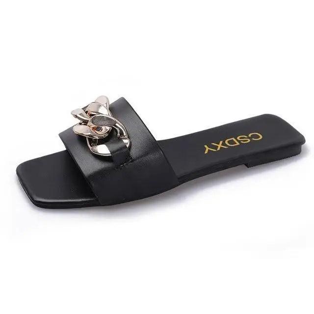 Luxury Square Toe Chain Slippers - Minimalist Leather Slides