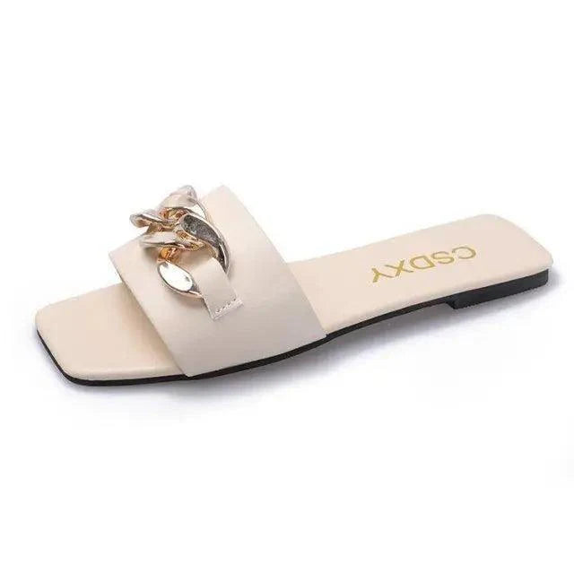 Luxury Square Toe Chain Slippers - Minimalist Leather Slides