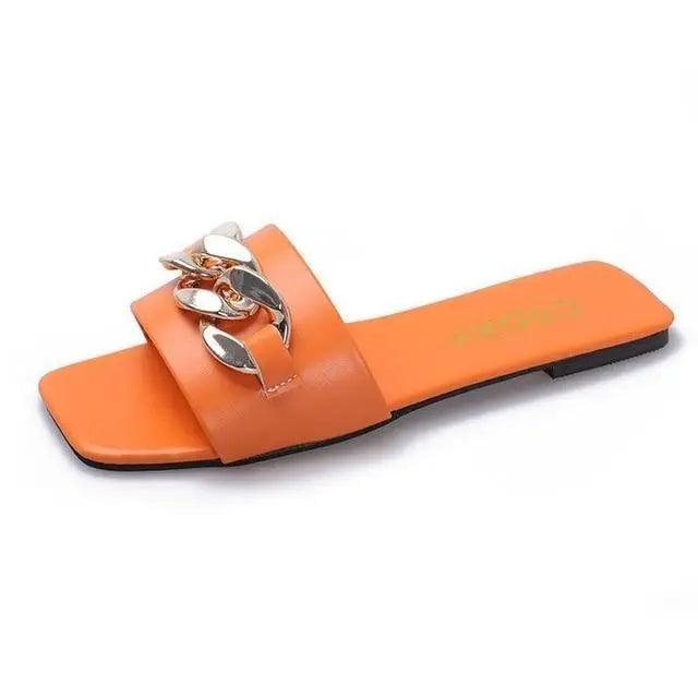 Luxury Square Toe Chain Slippers - Minimalist Leather Slides