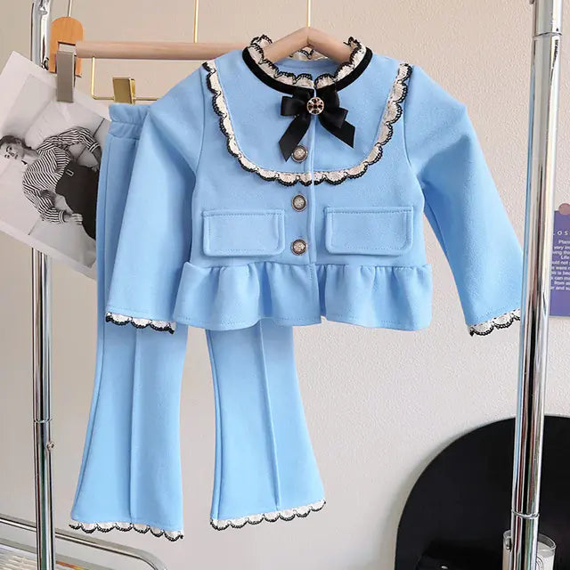 Cute Girls' Winter Fleece Sweater Set with Ruffles