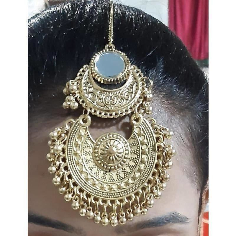 Gold-polished double half moon mirror maang tikka with traditional chandbali design