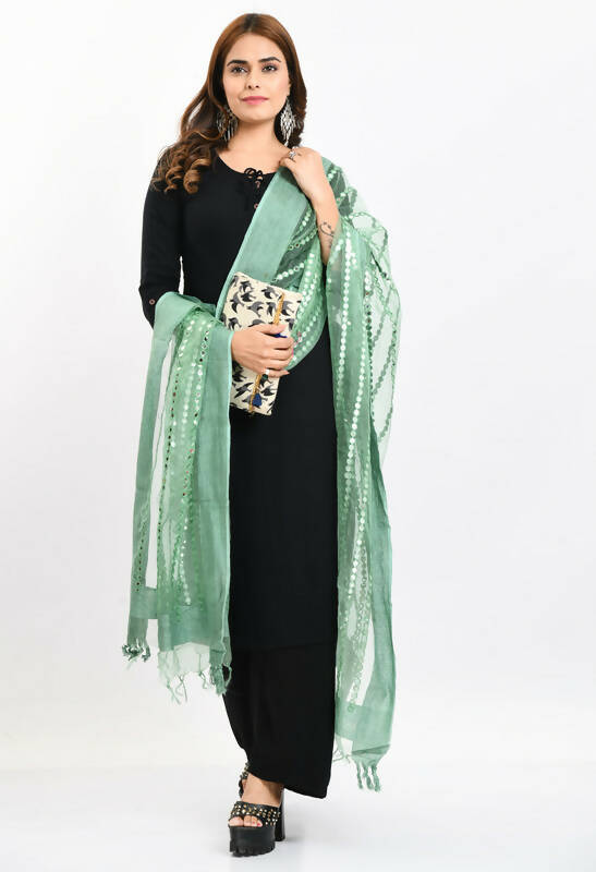 Pista Green Organza Dupatta with Mirror Stripe Thread Work