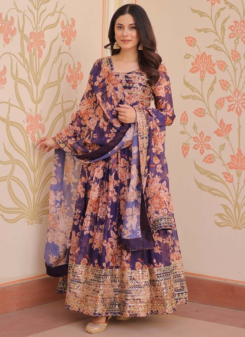 Purple Russian Silk Embroidered Gown with Dupatta