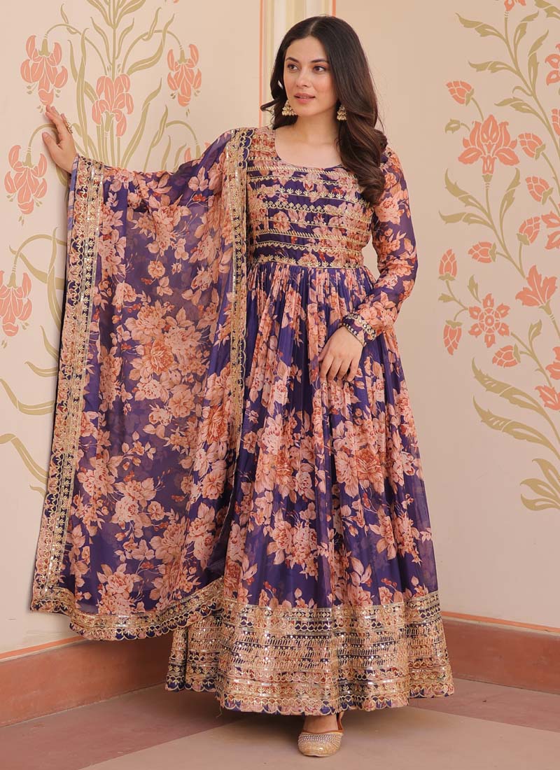 Purple Russian Silk Embroidered Gown with Dupatta