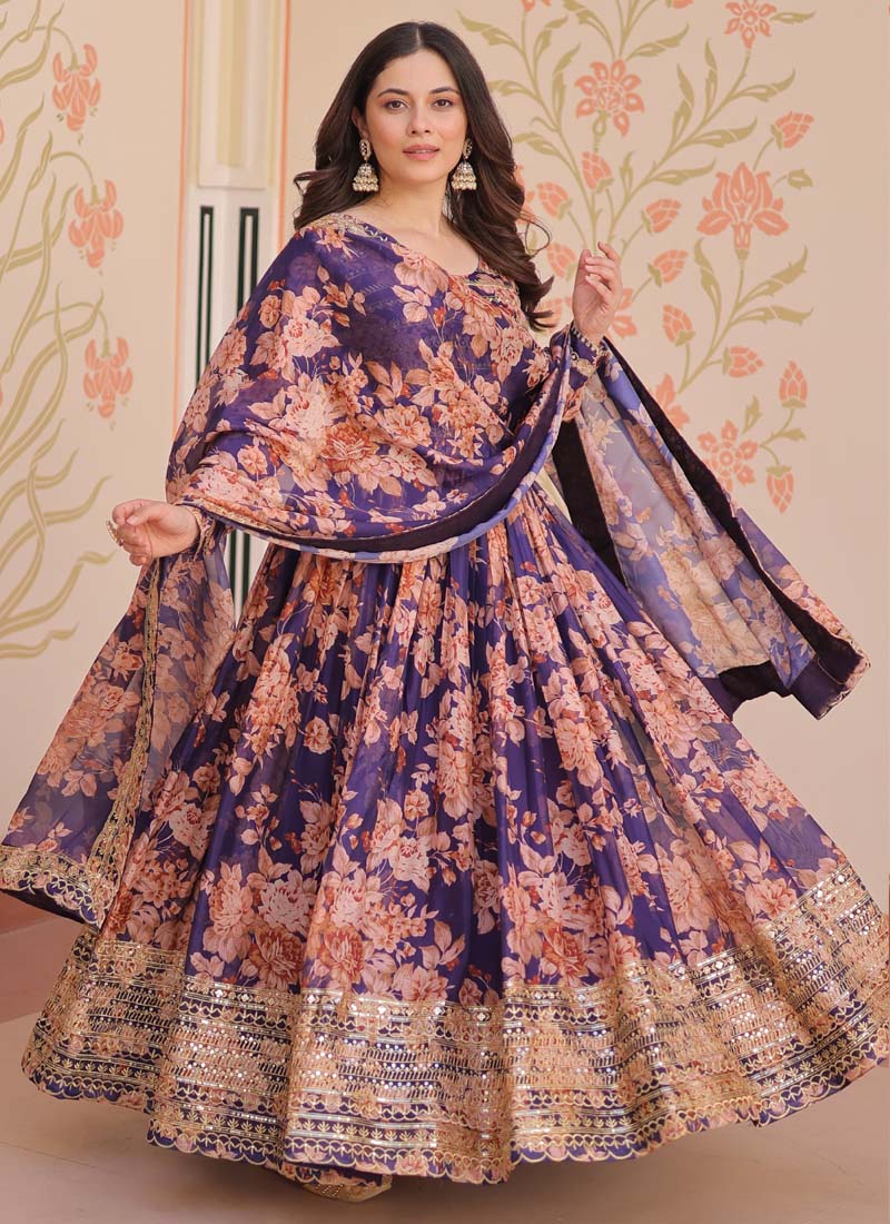 Purple Russian Silk Embroidered Gown with Dupatta