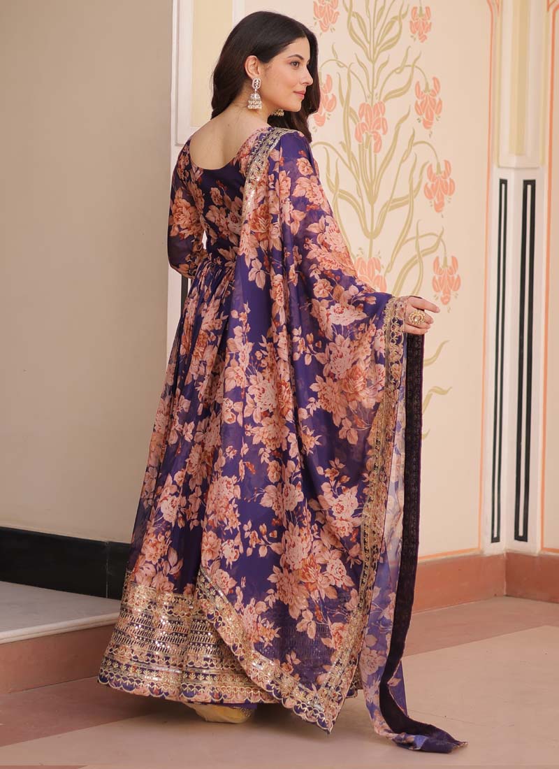 Purple Russian Silk Embroidered Gown with Dupatta