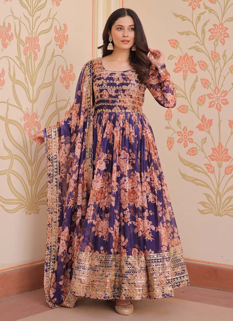 Royal purple Russian silk embroidered gown with matching dupatta