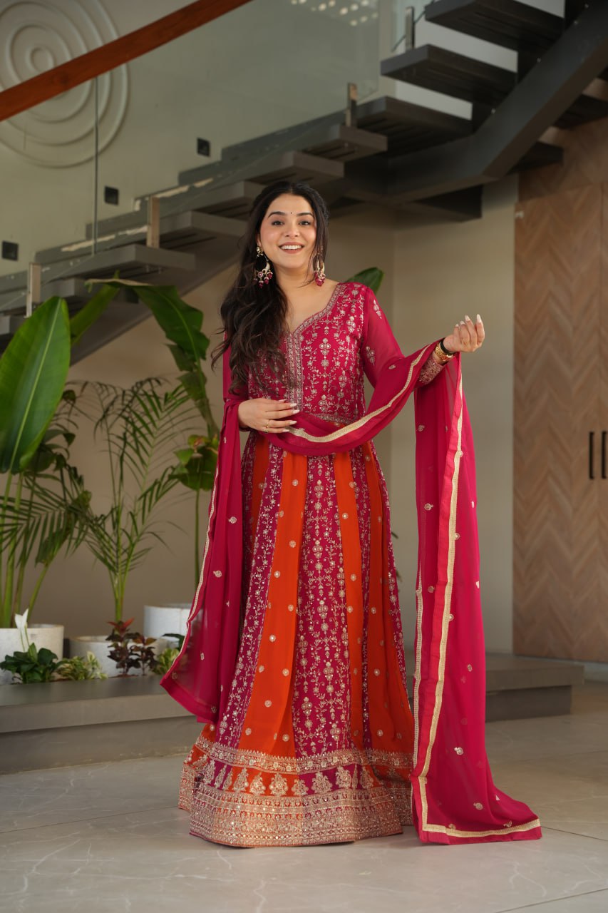 Pink Georgette Gown with Zari and Sequins Embroidery