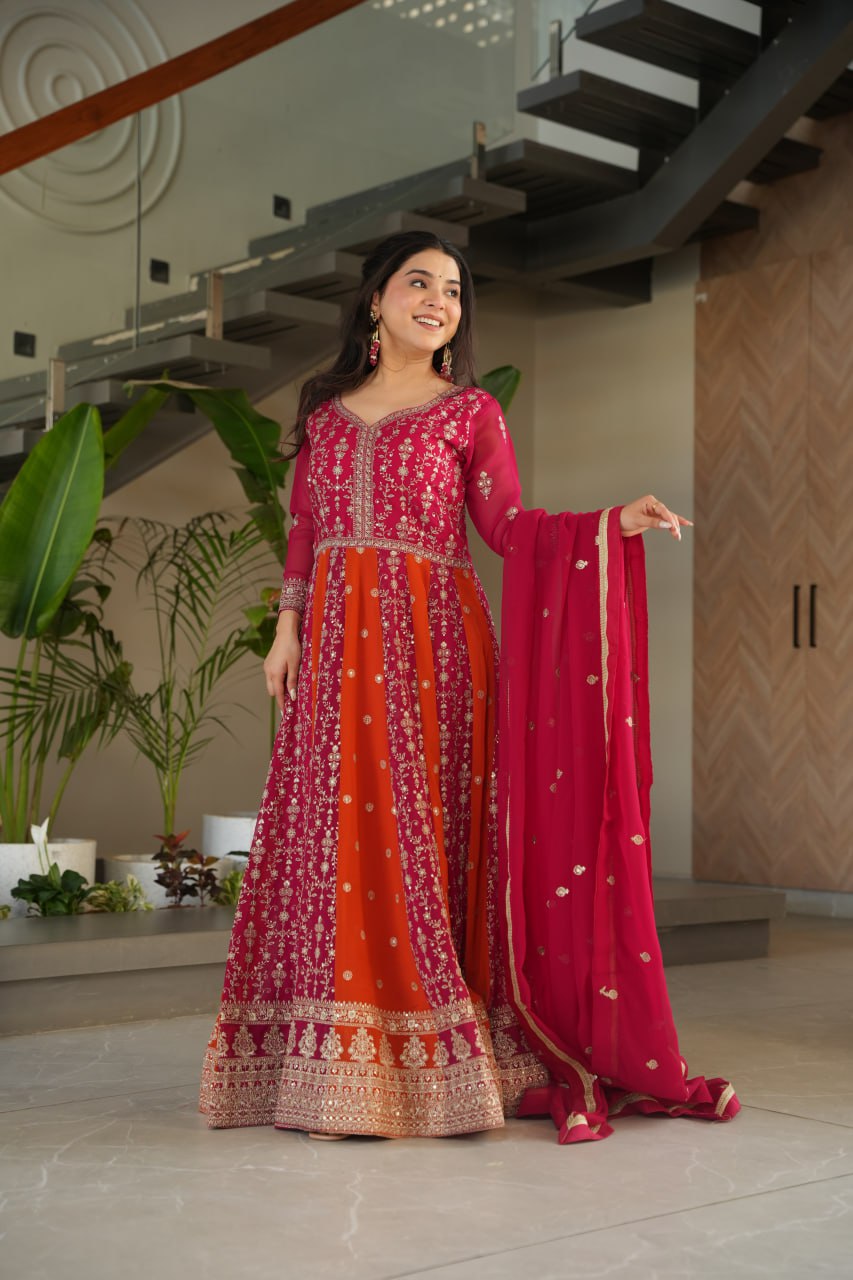 Pink Georgette Gown with Zari and Sequins Embroidery