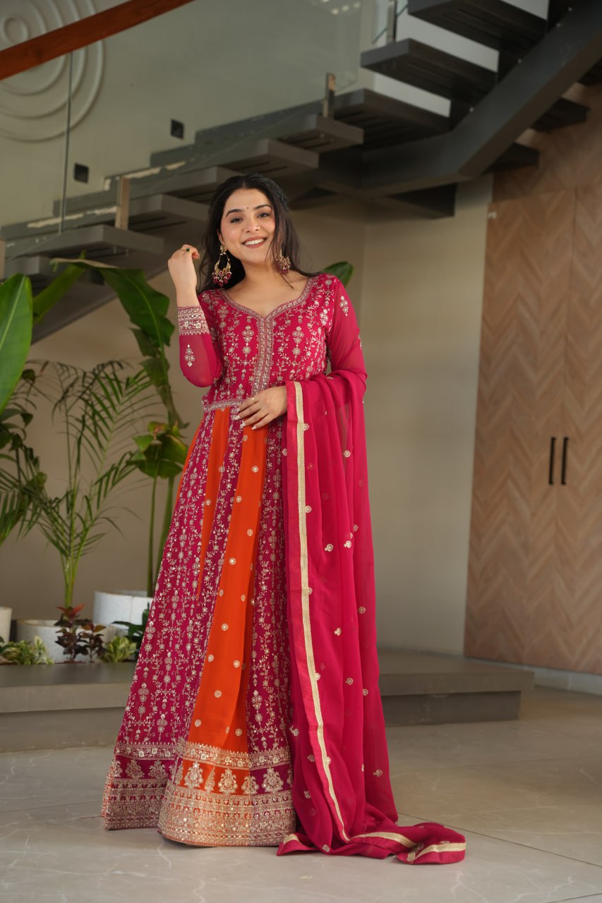 Pink faux blooming georgette gown with zari and sequins embroidery