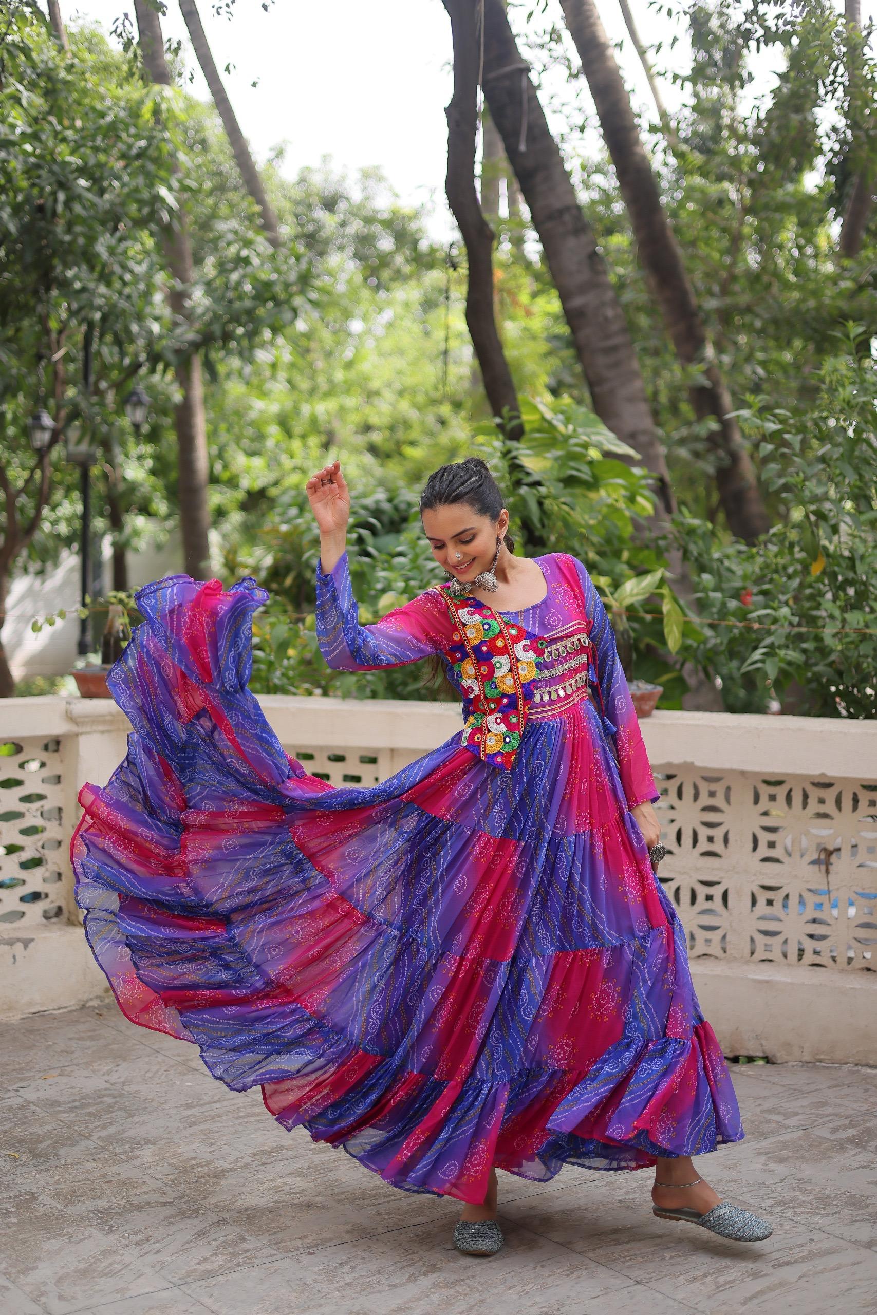 Blue Georgette Leheriya Bandhej Navratri Gown with Kutchi Work