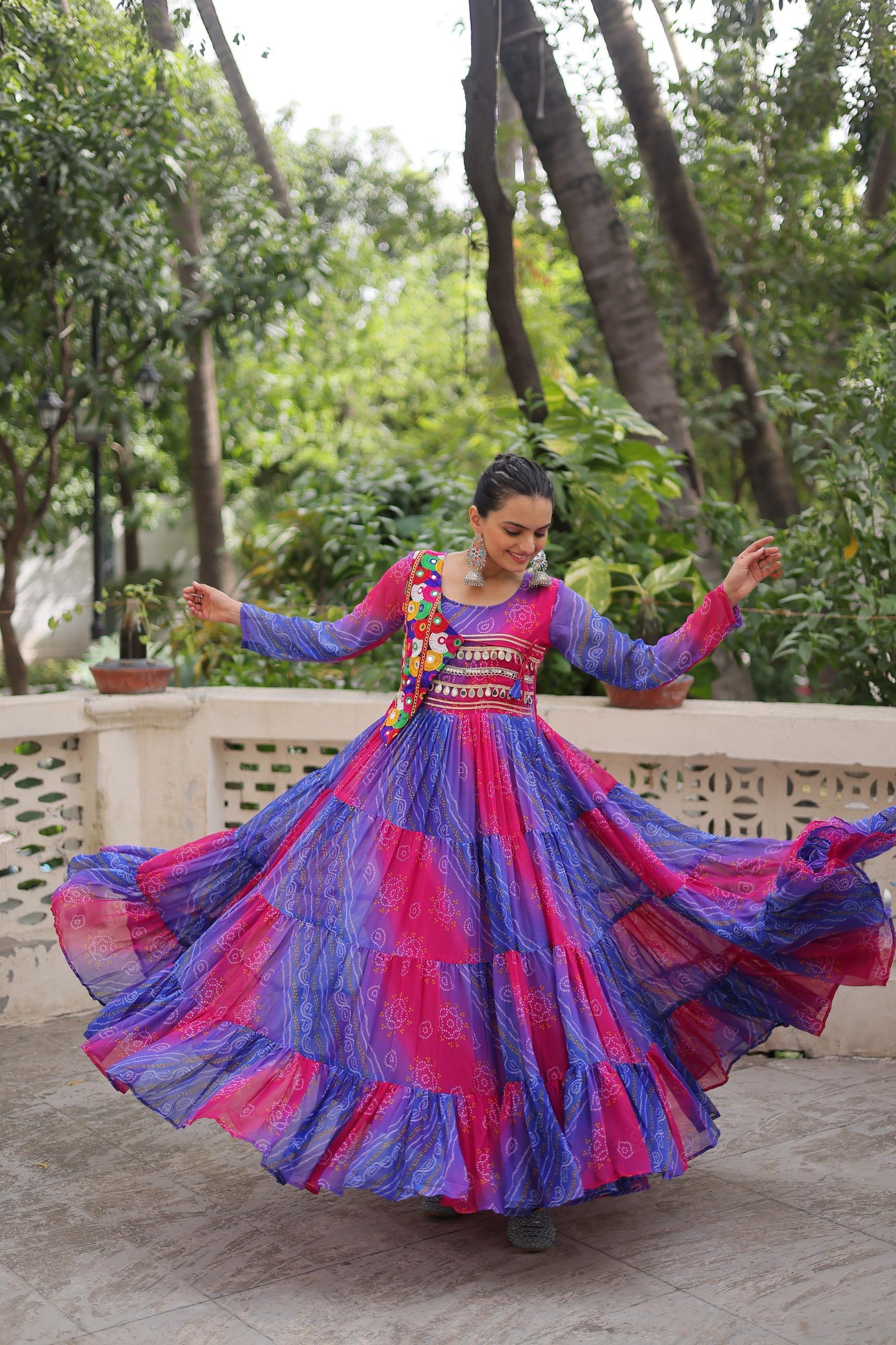 Blue Georgette Leheriya Bandhej Navratri Gown with Kutchi Work