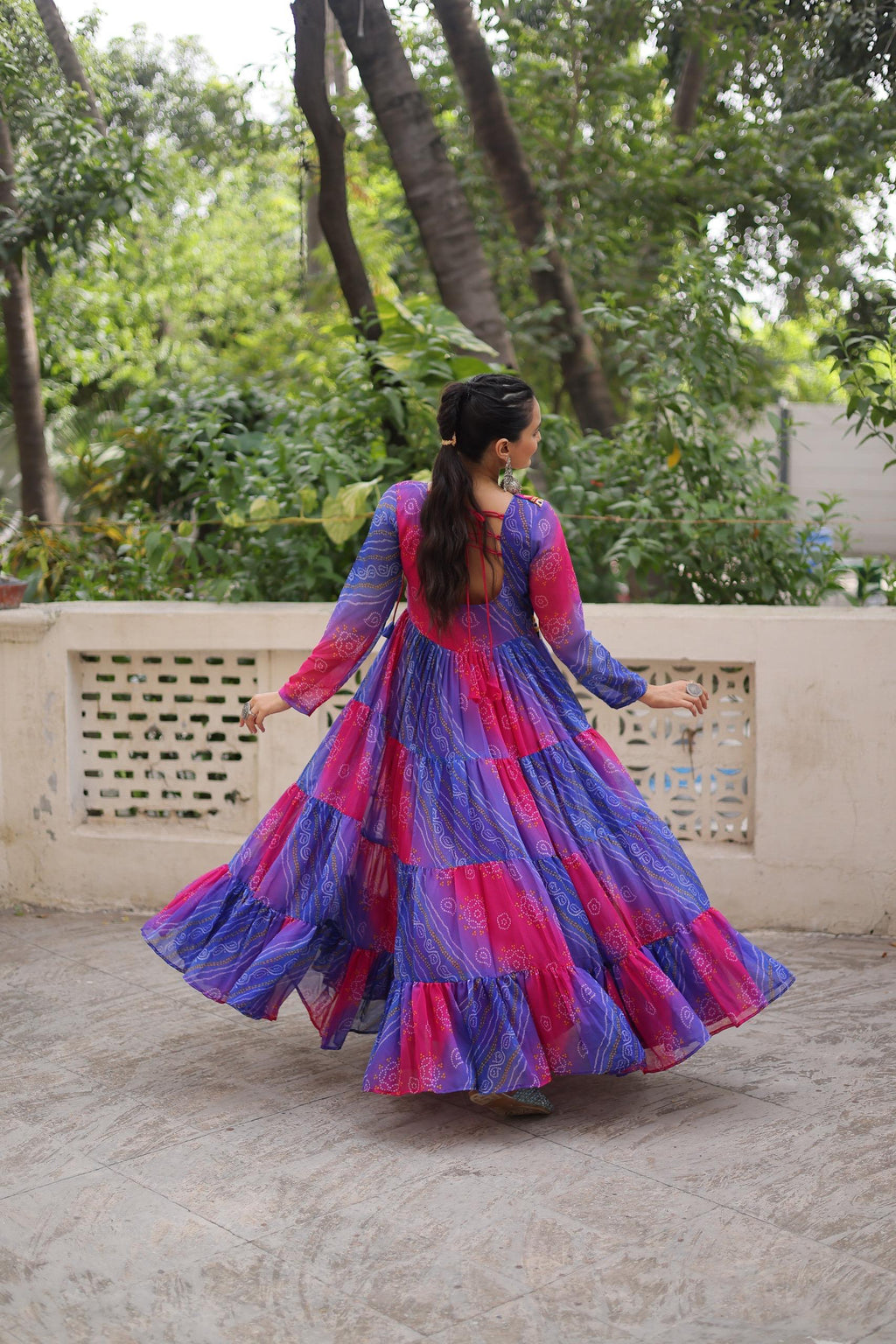Blue Georgette Leheriya Bandhej Navratri Gown with Kutchi Work
