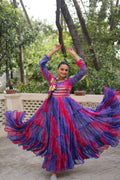 Blue faux georgette Navratri gown with Leheriya and Bandhej print and Kutchi patch work details