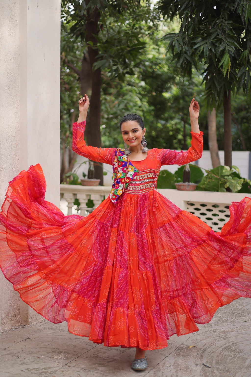 Red Georgette Leheriya and Bandhej Navratri Gown with Kutchi Work