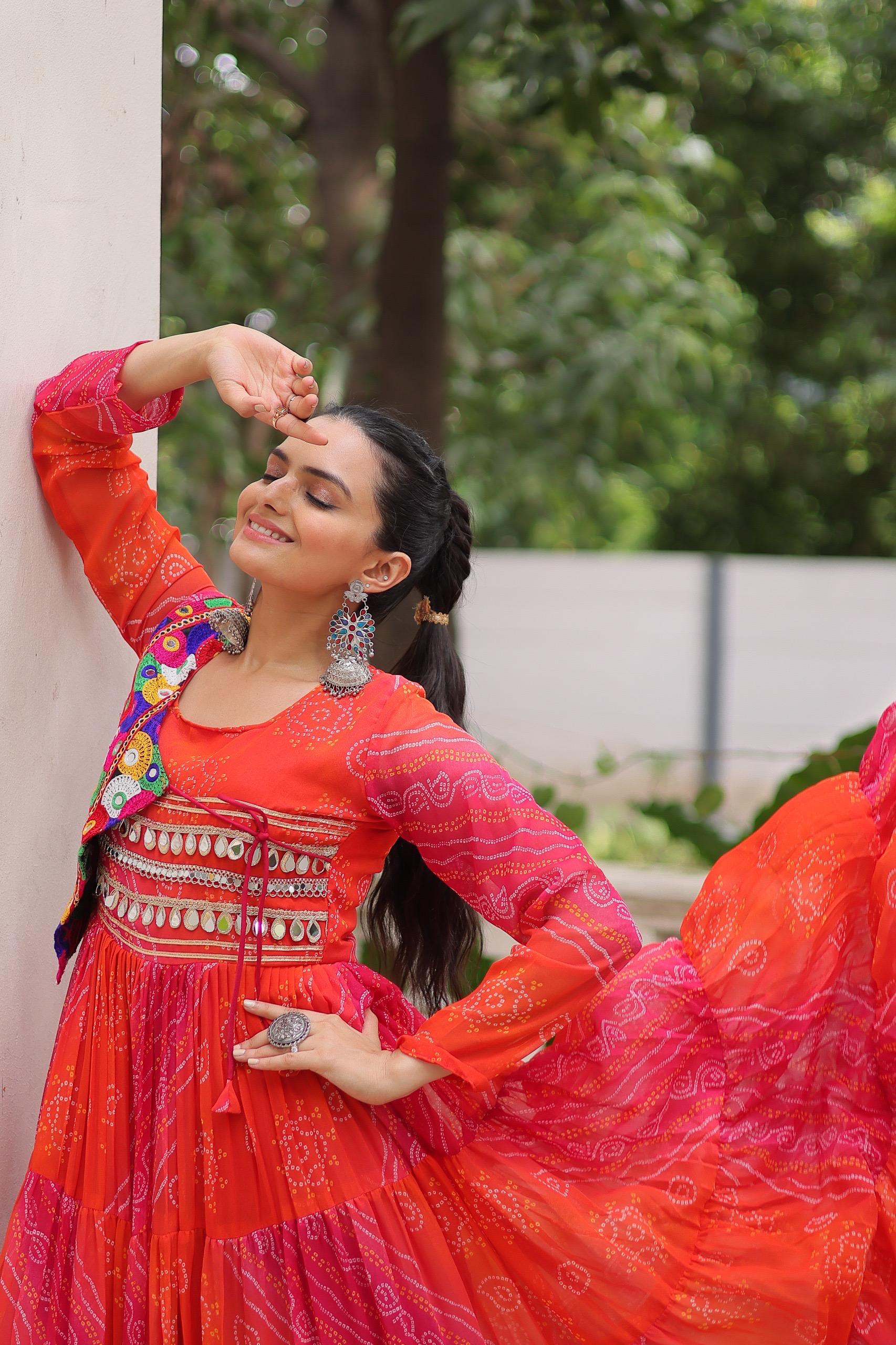 Red Georgette Leheriya and Bandhej Navratri Gown with Kutchi Work
