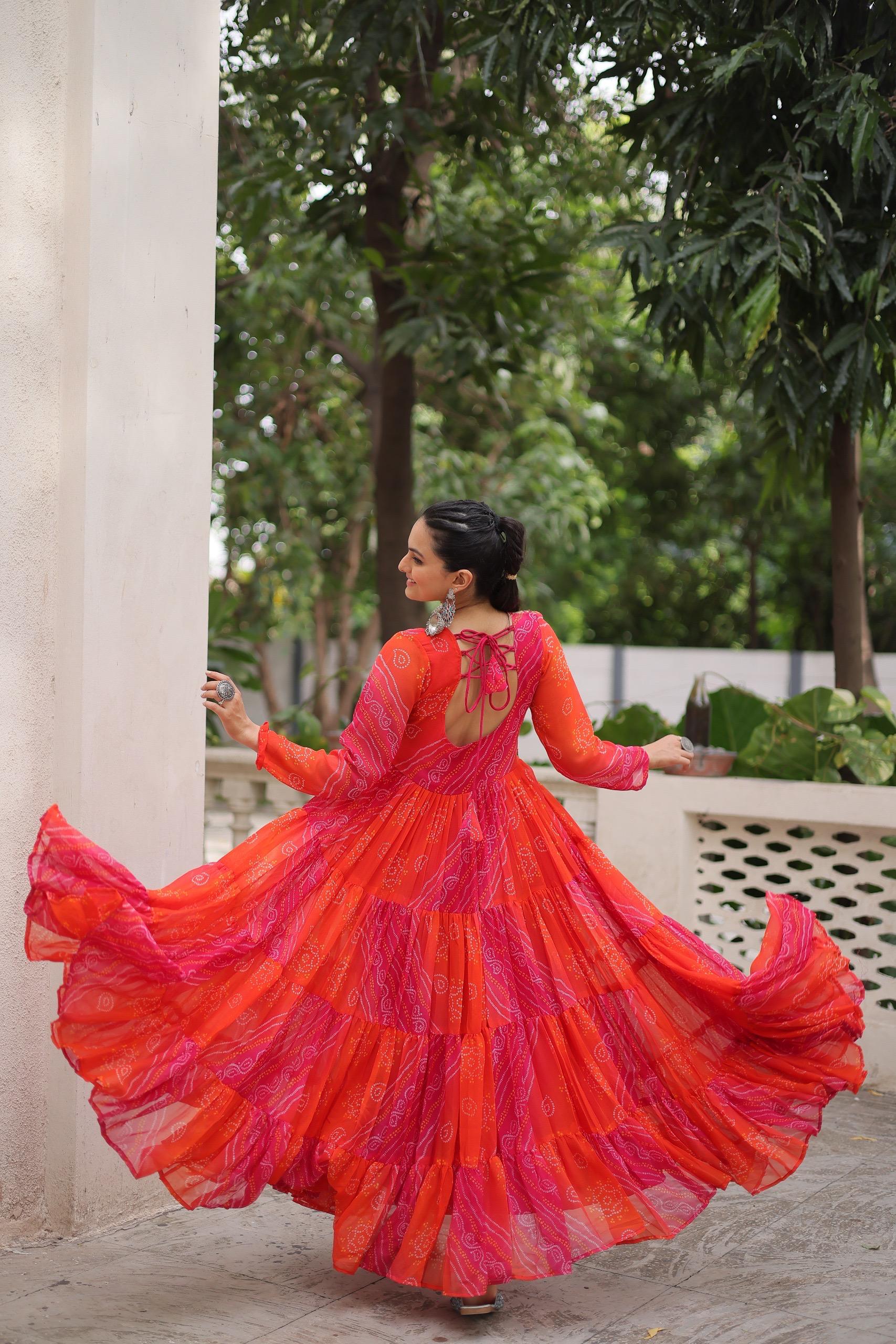 Red Georgette Leheriya and Bandhej Navratri Gown with Kutchi Work