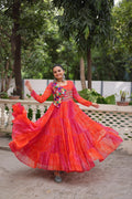 Red faux georgette Navratri gown with traditional Leheriya and Bandhej prints and Kutchi patch work