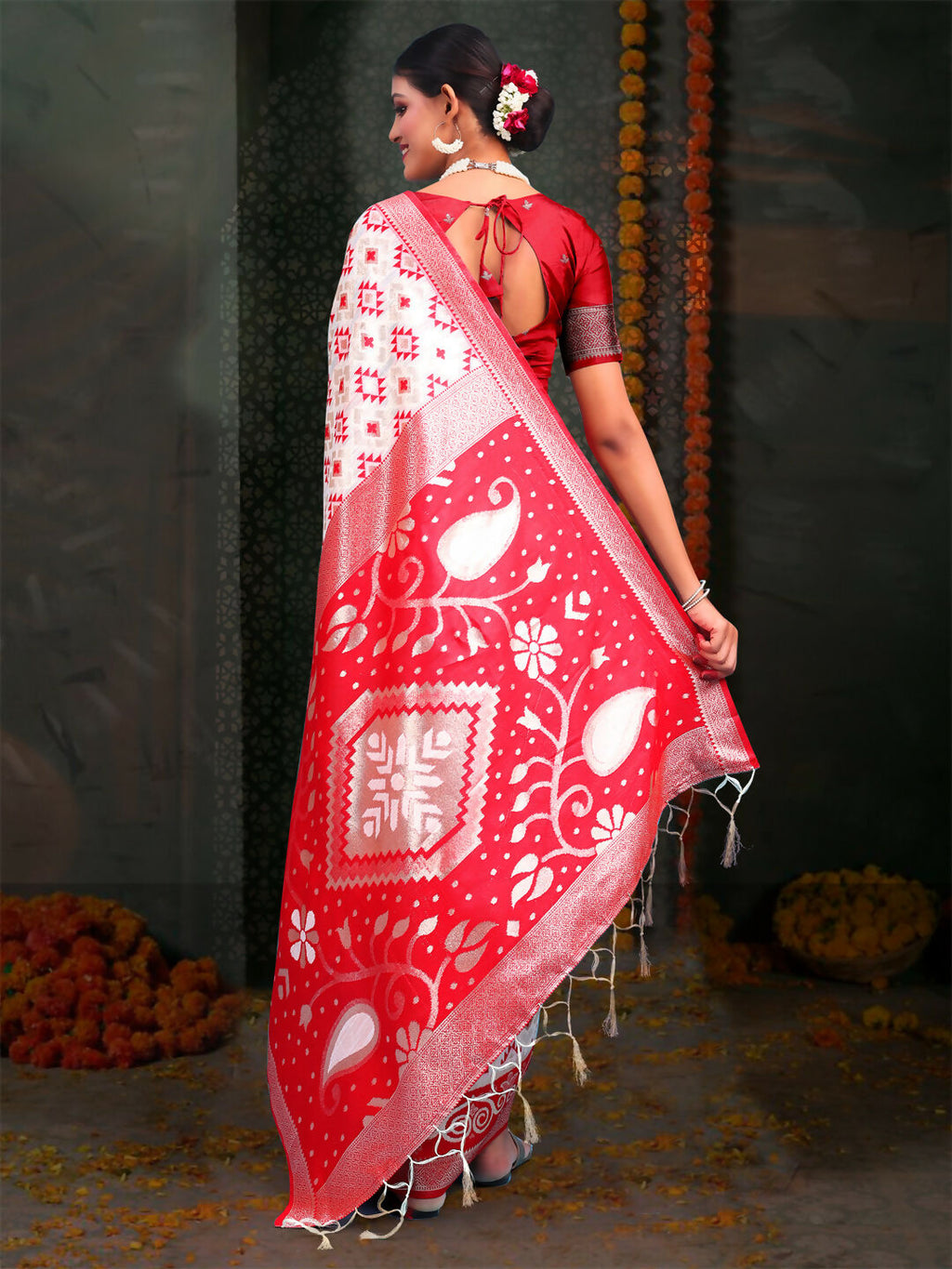 Devistuti Red & White Linen Cotton Saree with Matching Blouse