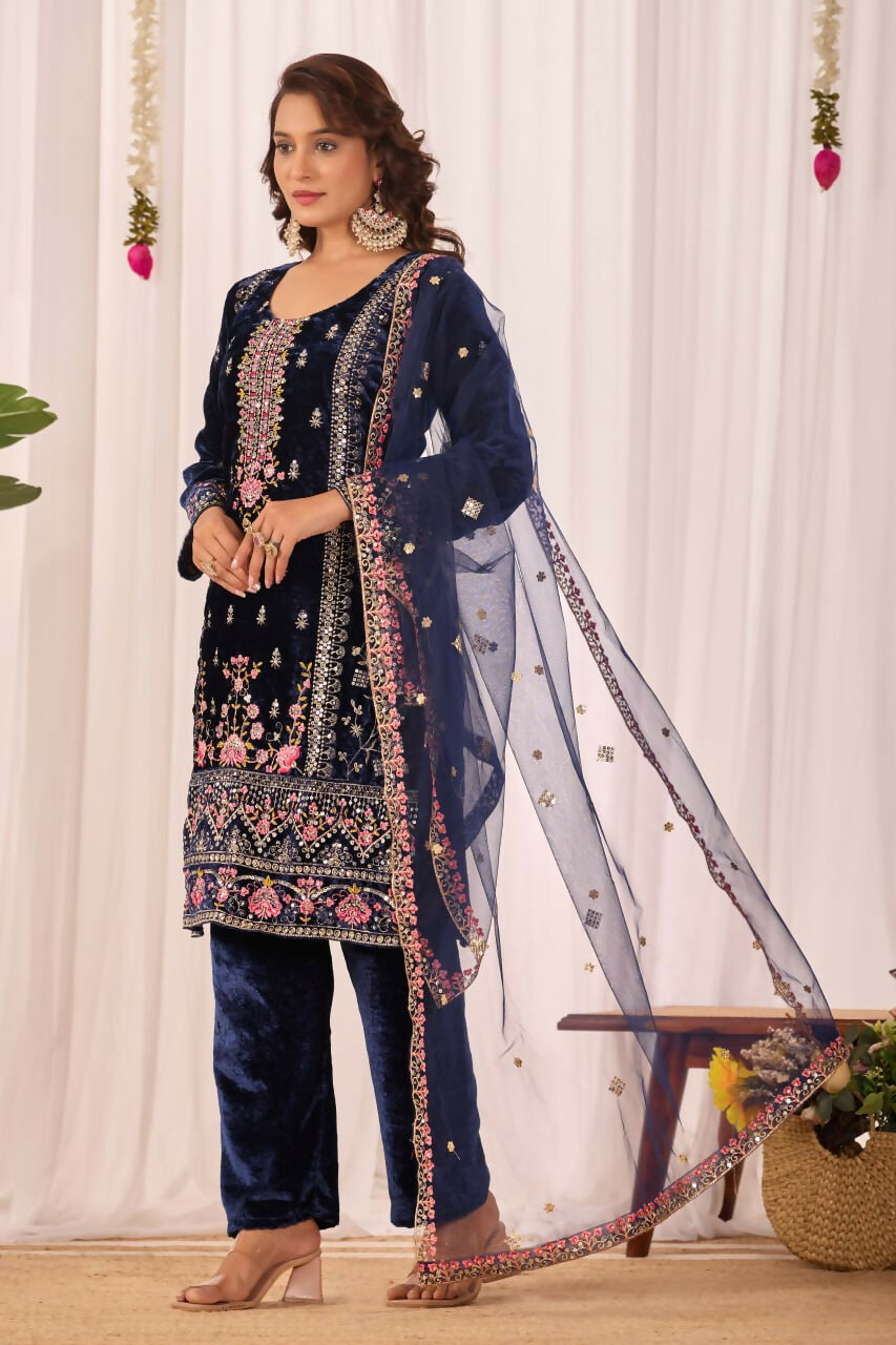 Blue Velvet Embroidered Sequence Work Readymade Kurta Set