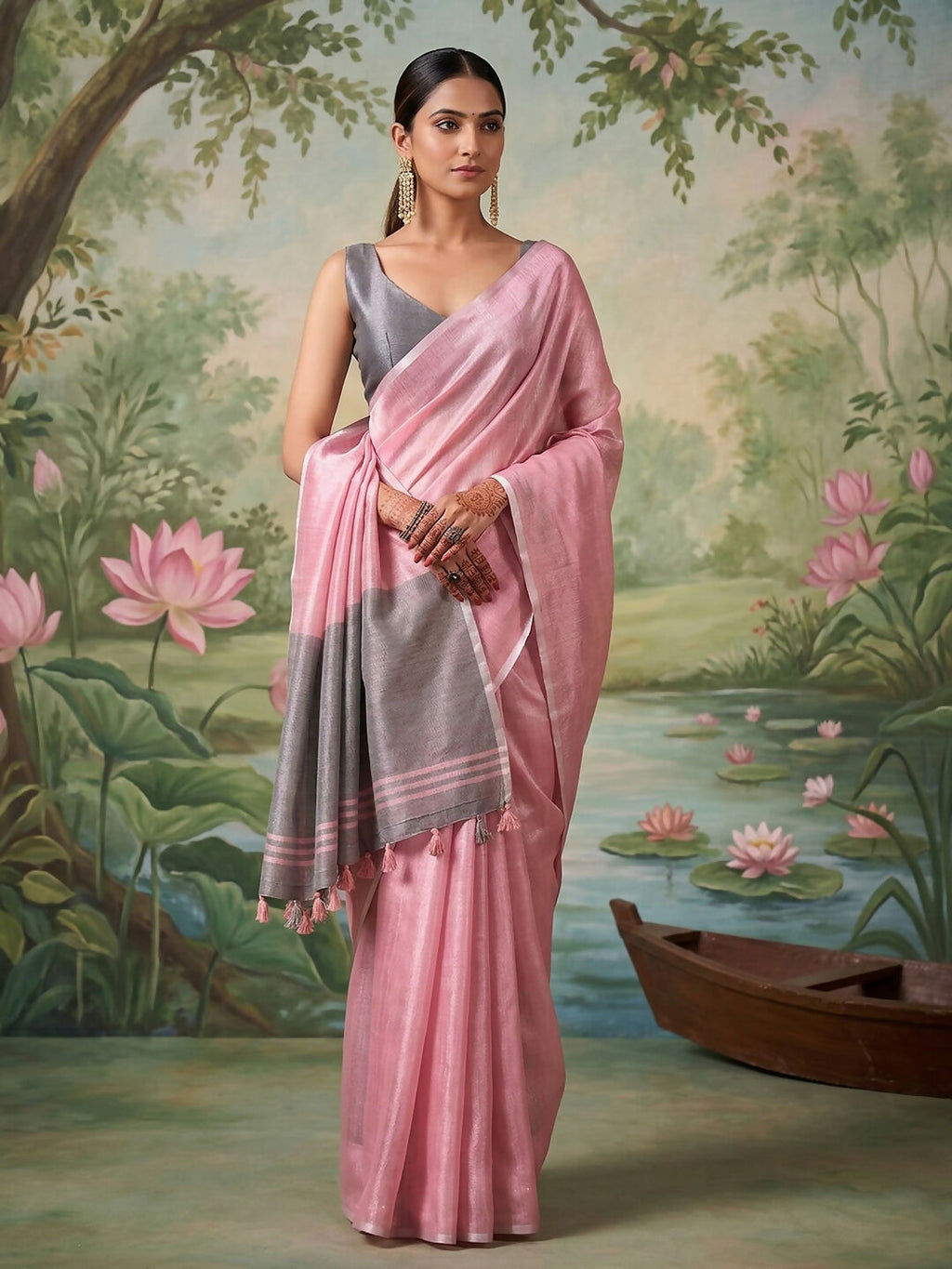 Light pink tissue silk saree with a matching blouse piece