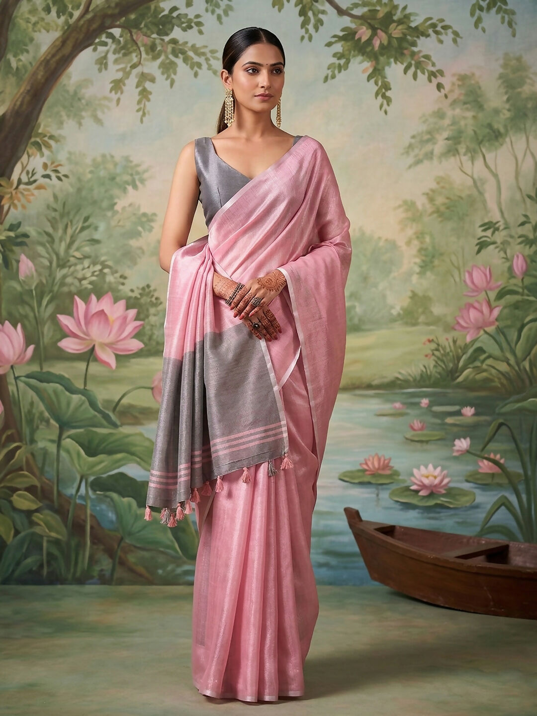 Light pink tissue silk saree with a matching blouse piece