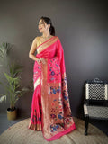 Pink Paithani Saree with floral design on soft silk fabric.