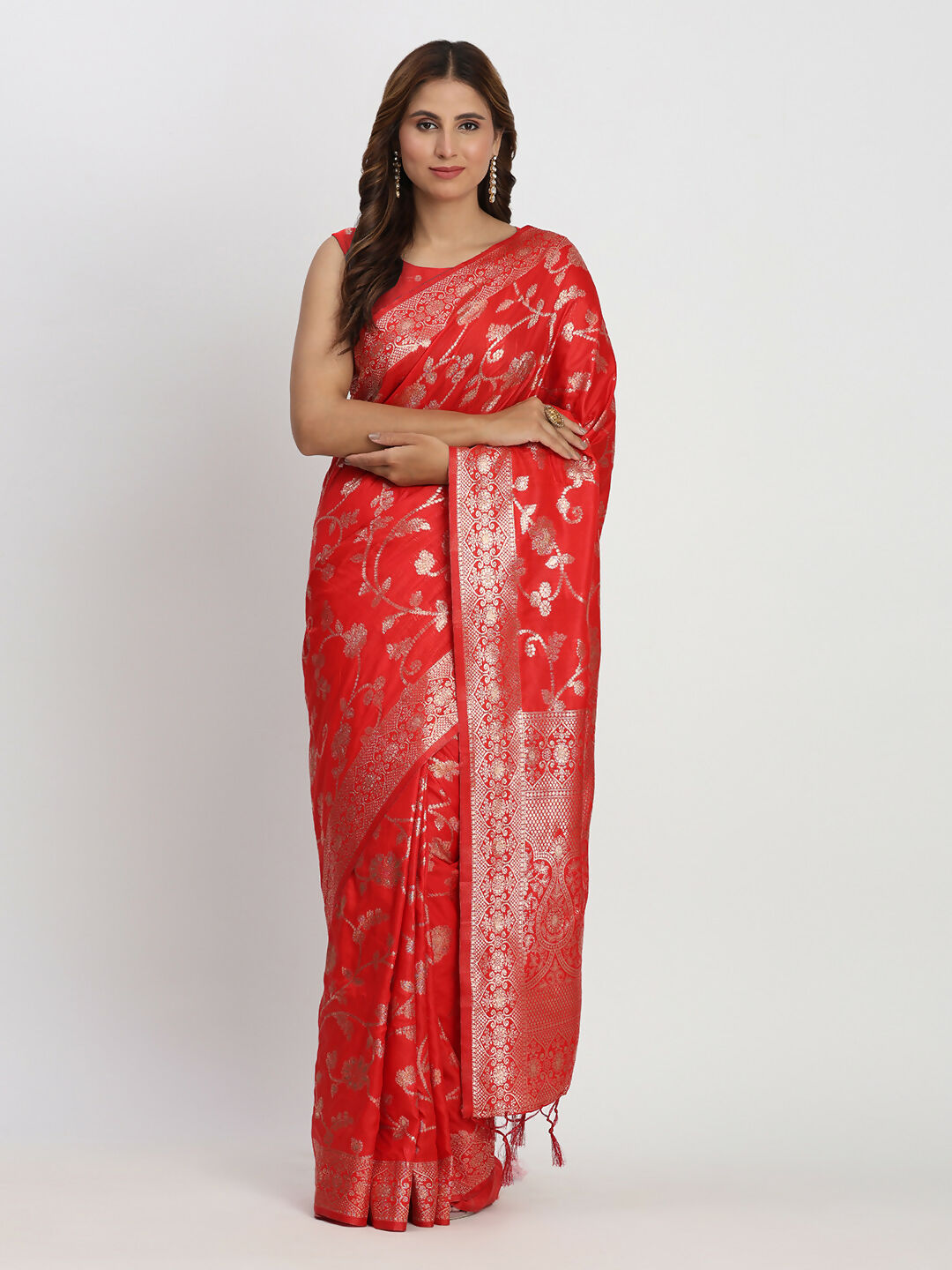 Red Banarasi Silk Saree with Matching Blouse Fabric
