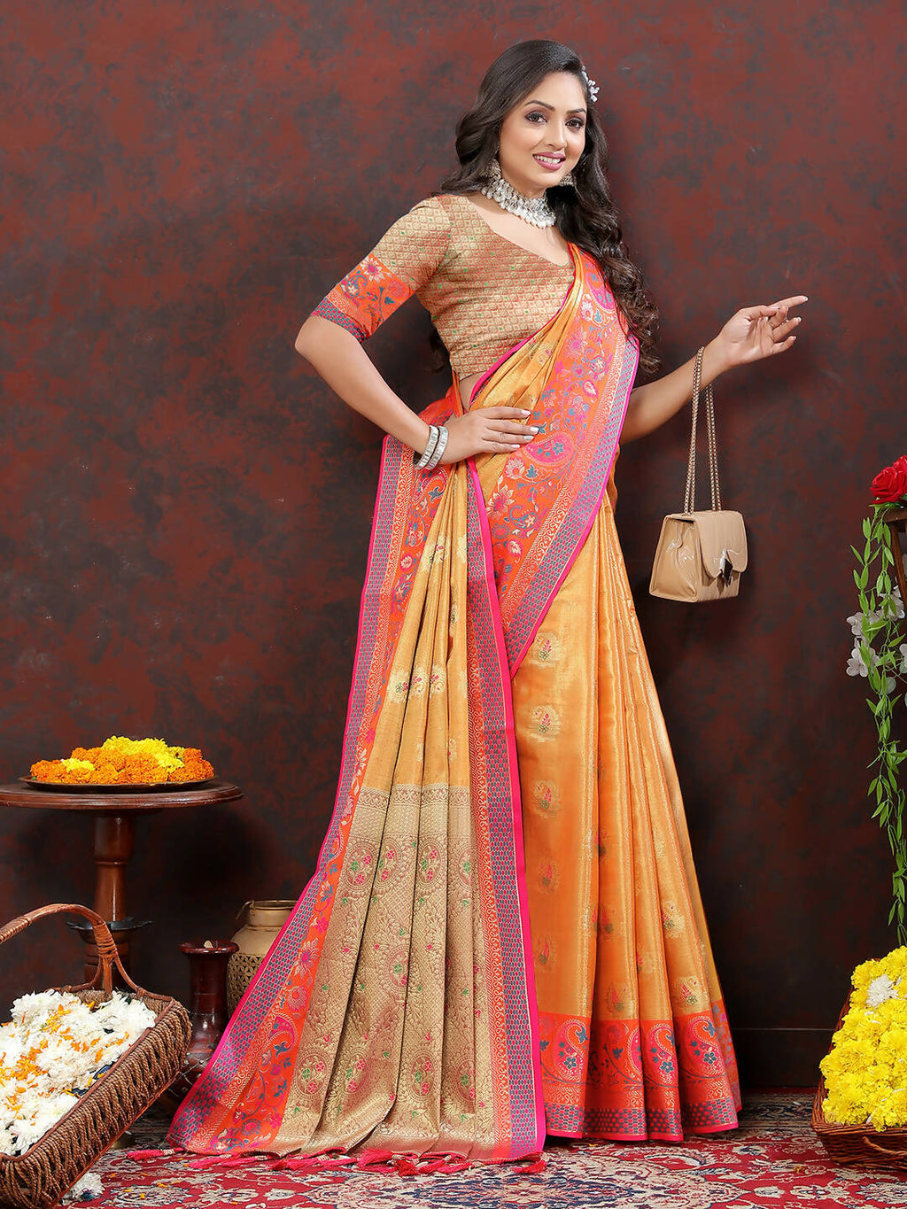 Orange Kanjivaram Silk Saree with Traditional Zari Woven Design